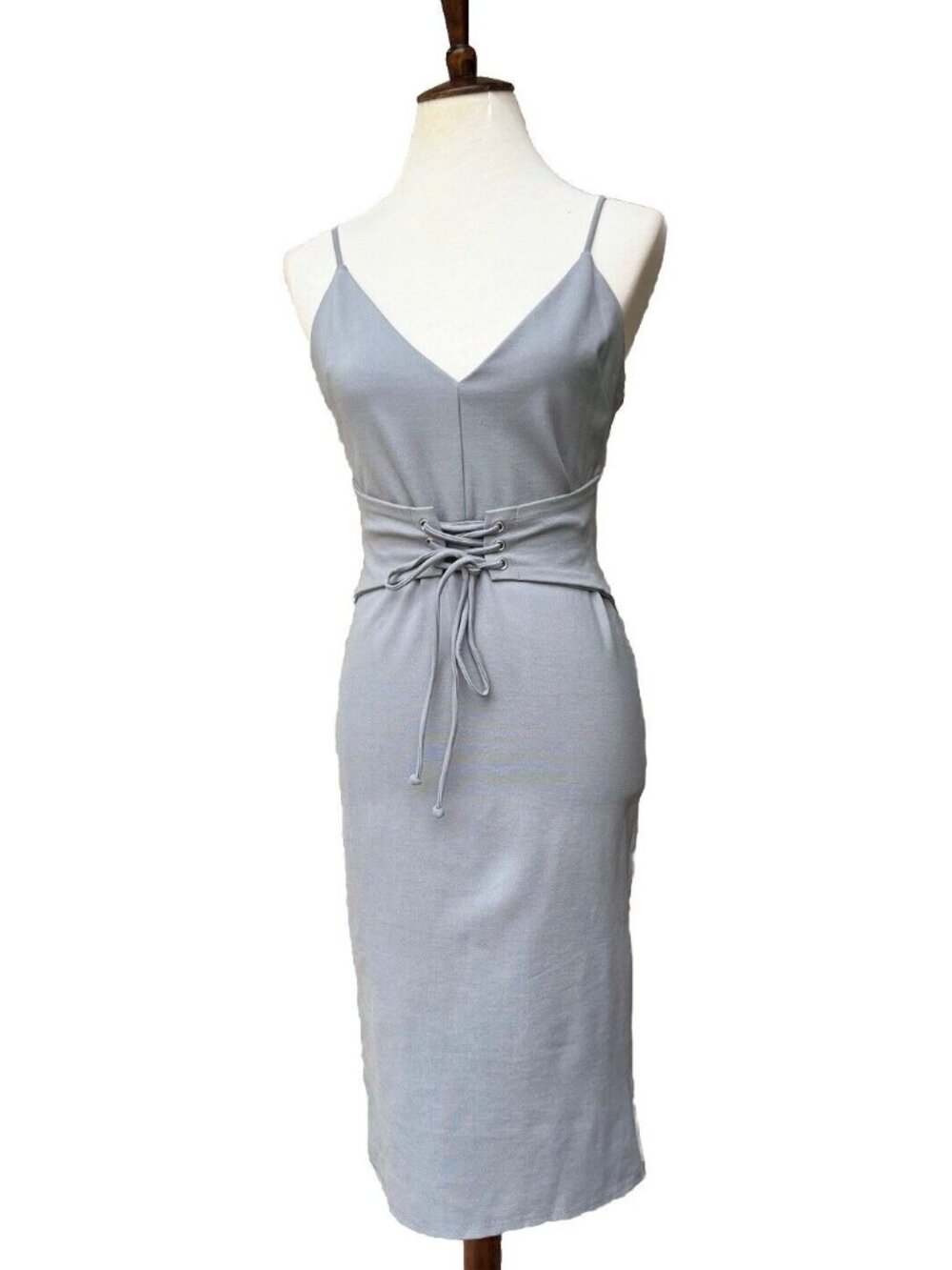 4SI3NNAI Women's Gray Tie Waist Bodycon Midi Dress Size M NWOT - Picture 4 of 16